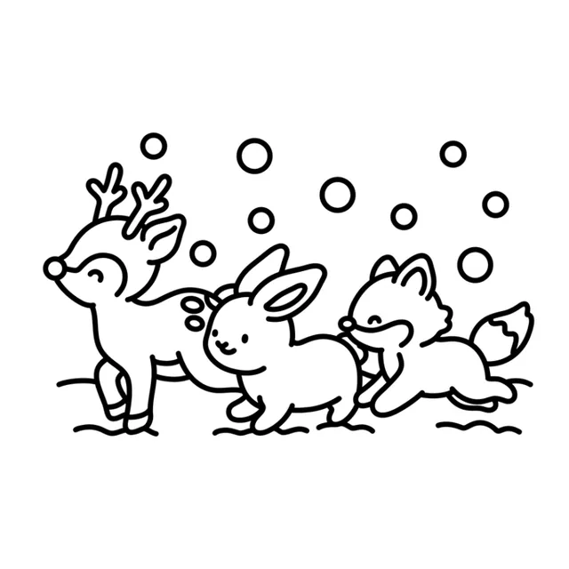 Coloring page: a deer, bunny and fox playing in the snow